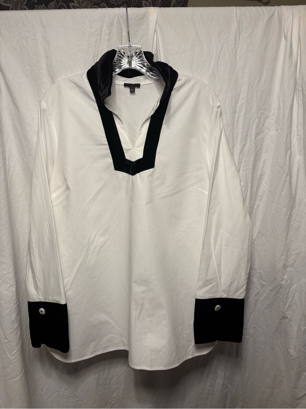 Talbots White Blouse with Black Velvet Trim and Cuffs